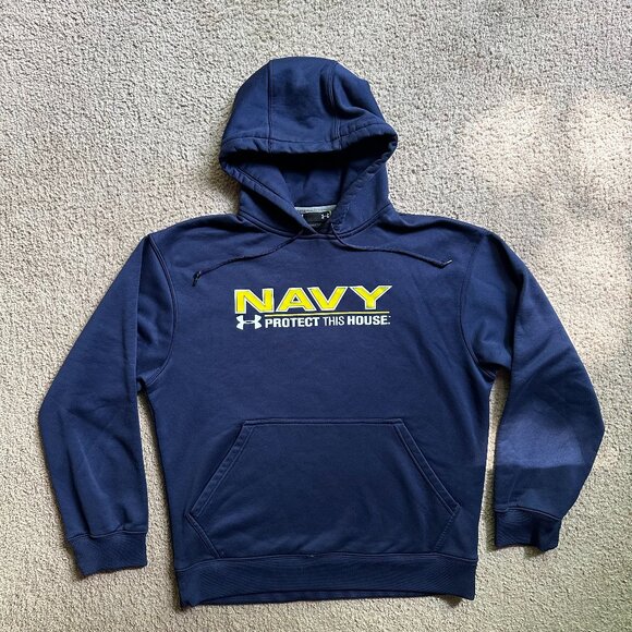Under Armour Sweatshirt Mens Small Hoodie Pullover Navy Protect the House - Picture 1 of 11